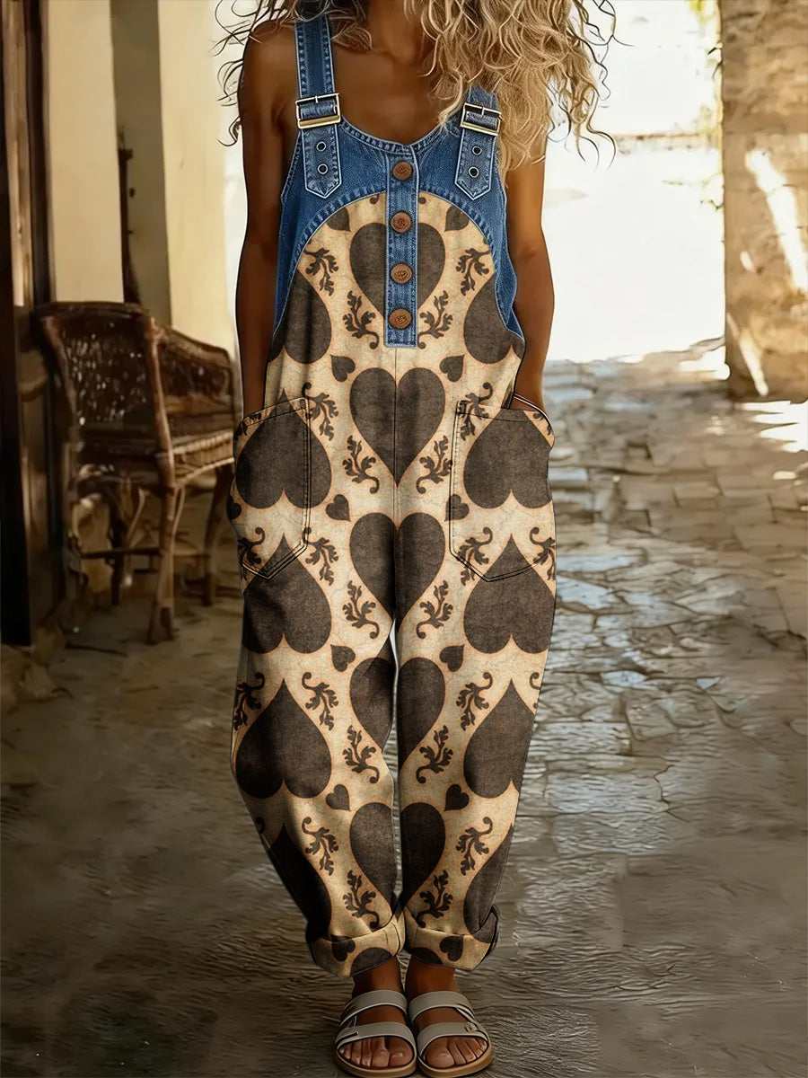 Women's Boho Style Art Print Washed Cotton Denim Patchwork Jumpsuit